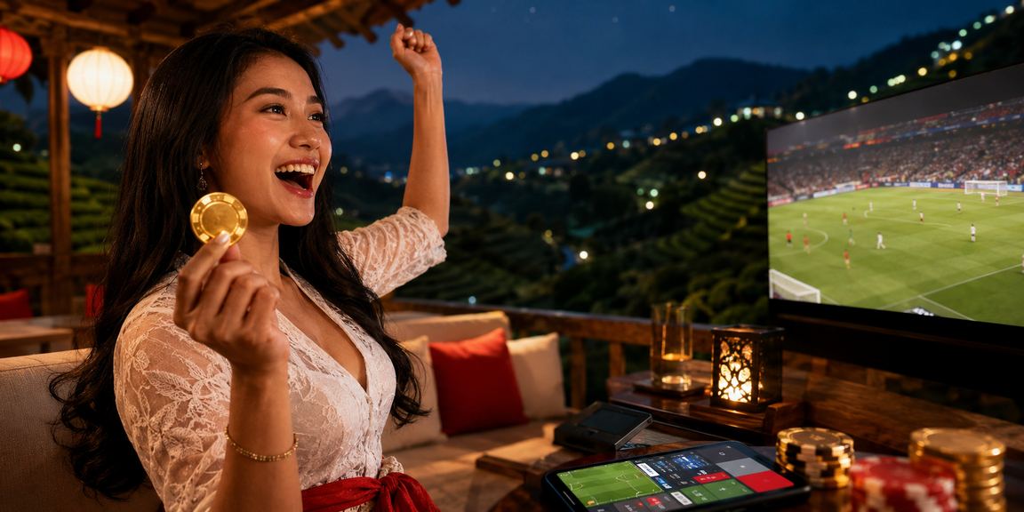 Layar aplikasi casino dengan tampilan jackpot meter dan efek cahaya festival yang semarak
