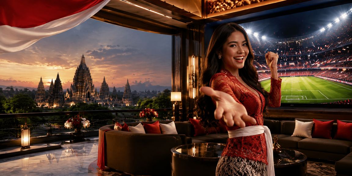 Suasana festival meriah dengan booth jackpot dan hadiah besar di latar belakang berwarna-warni