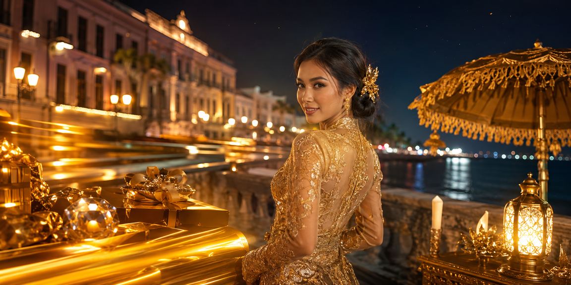 Suasana pantai malam hari dengan pencahayaan hangat mencerminkan nuansa VIP dan live casino premium
