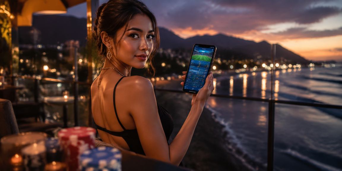 Pengguna menikmati taruhan olahraga di tepi pantai dengan smartphone dan suasana santai